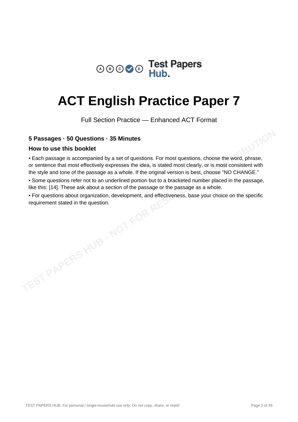 Cover page of ACT English Practice Paper 7