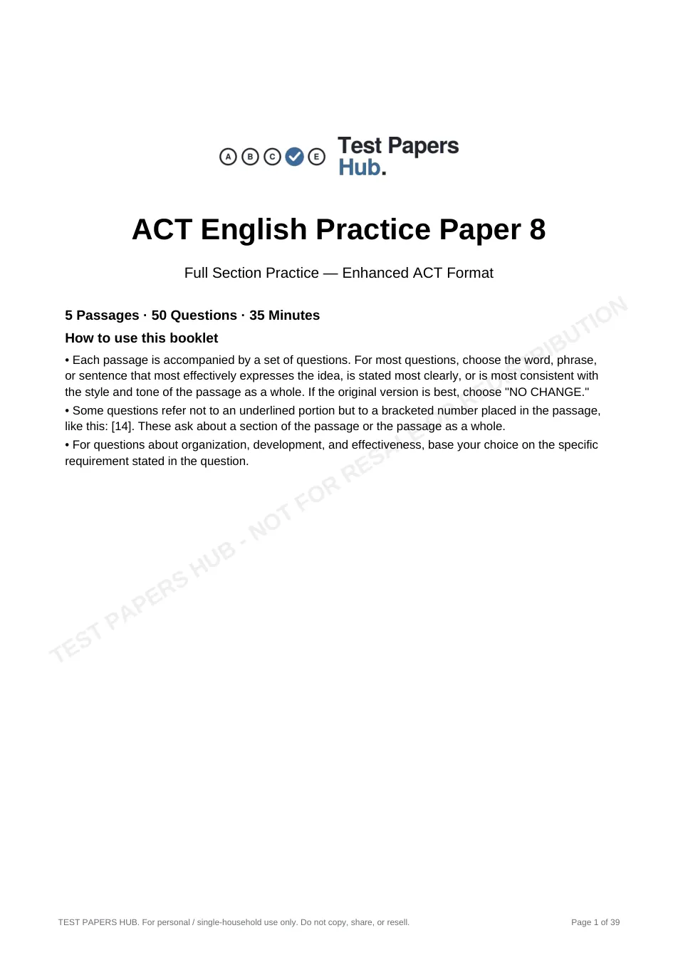 Cover page of ACT English Practice Paper 8
