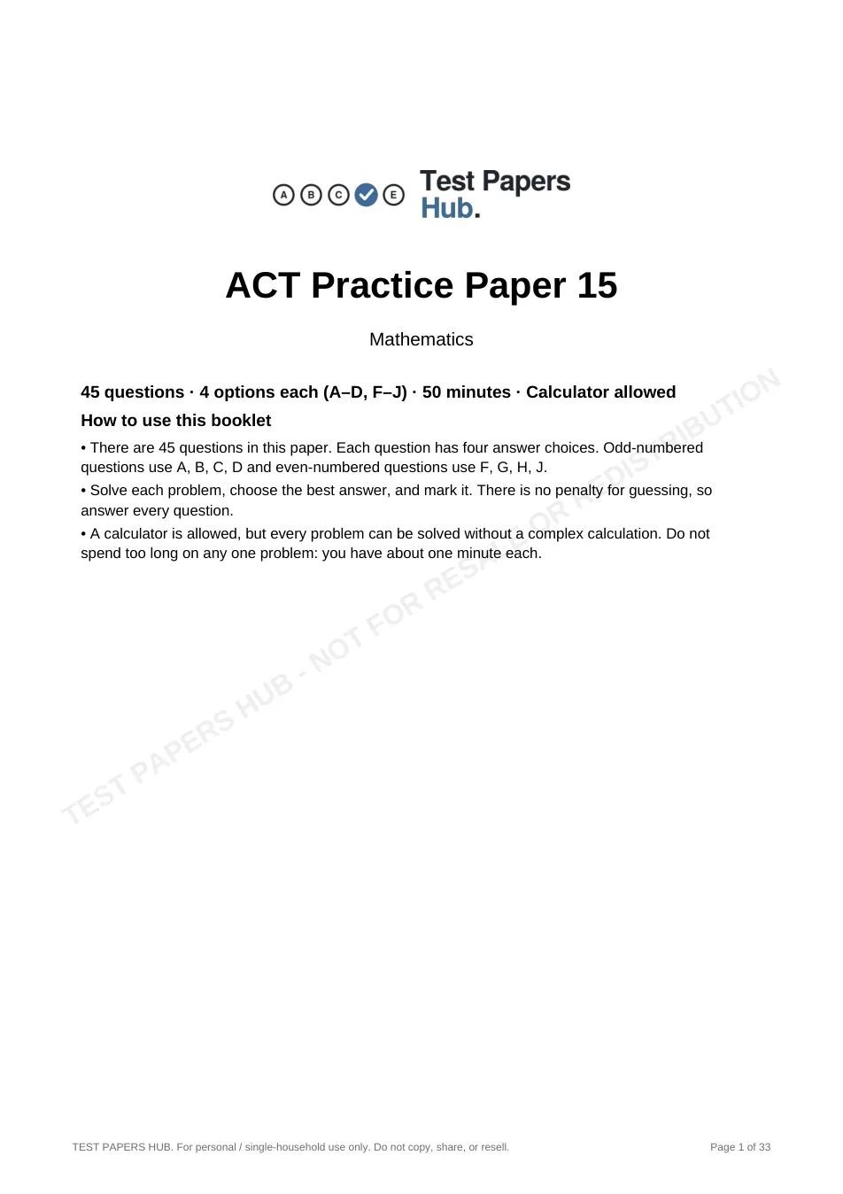 Cover page of ACT Math Practice Paper 15