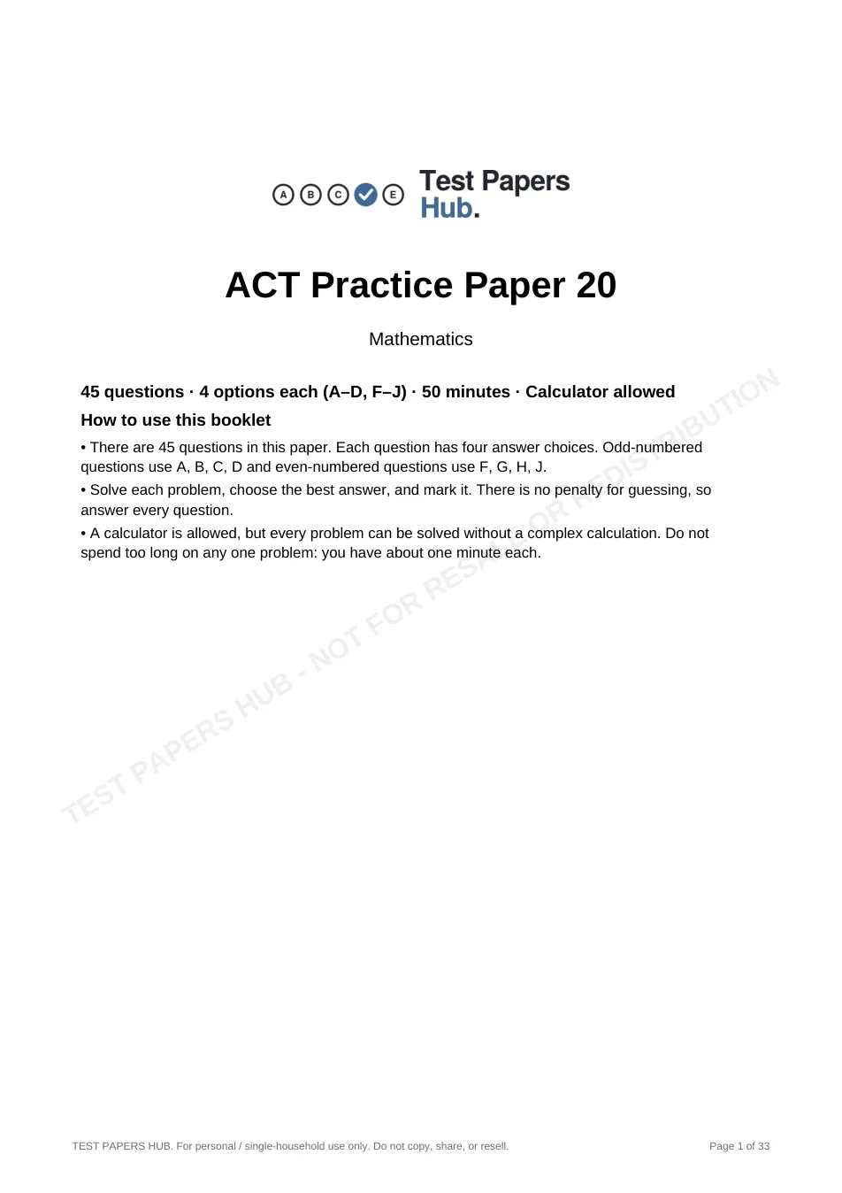 Cover page of ACT Math Practice Paper 20