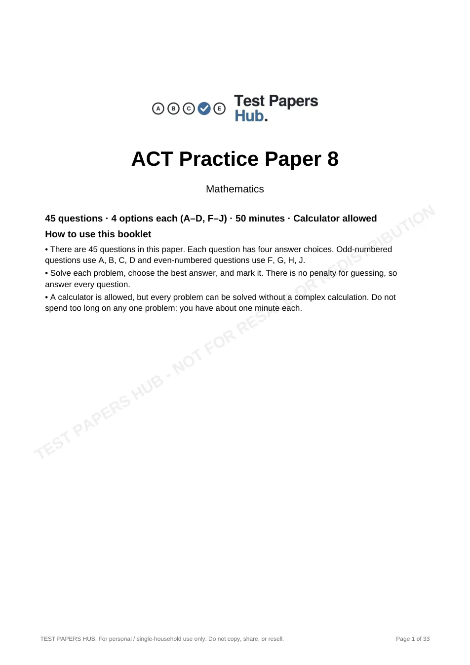 Cover page of ACT Math Practice Paper 8