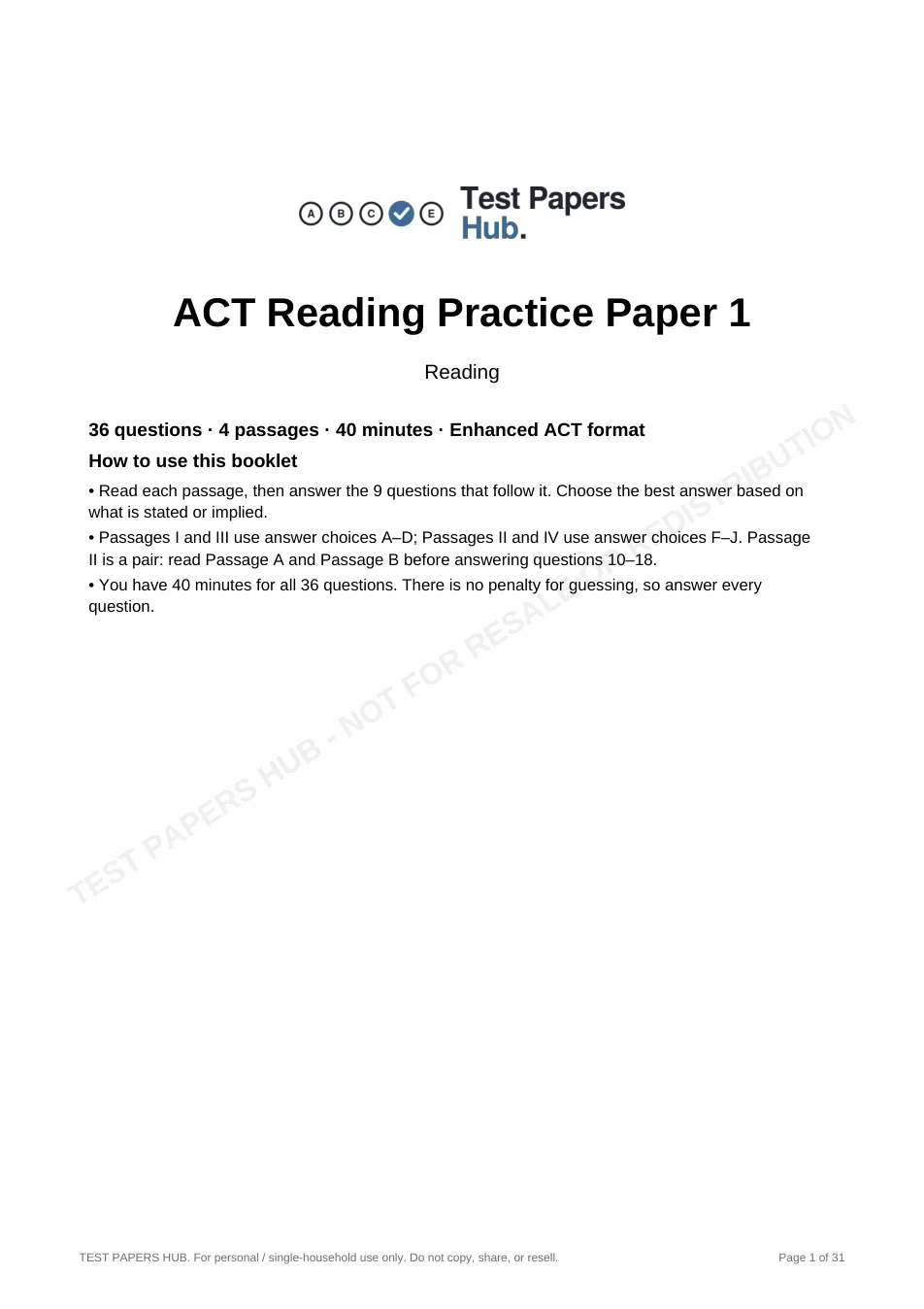 Cover page of ACT Reading Practice Paper 1