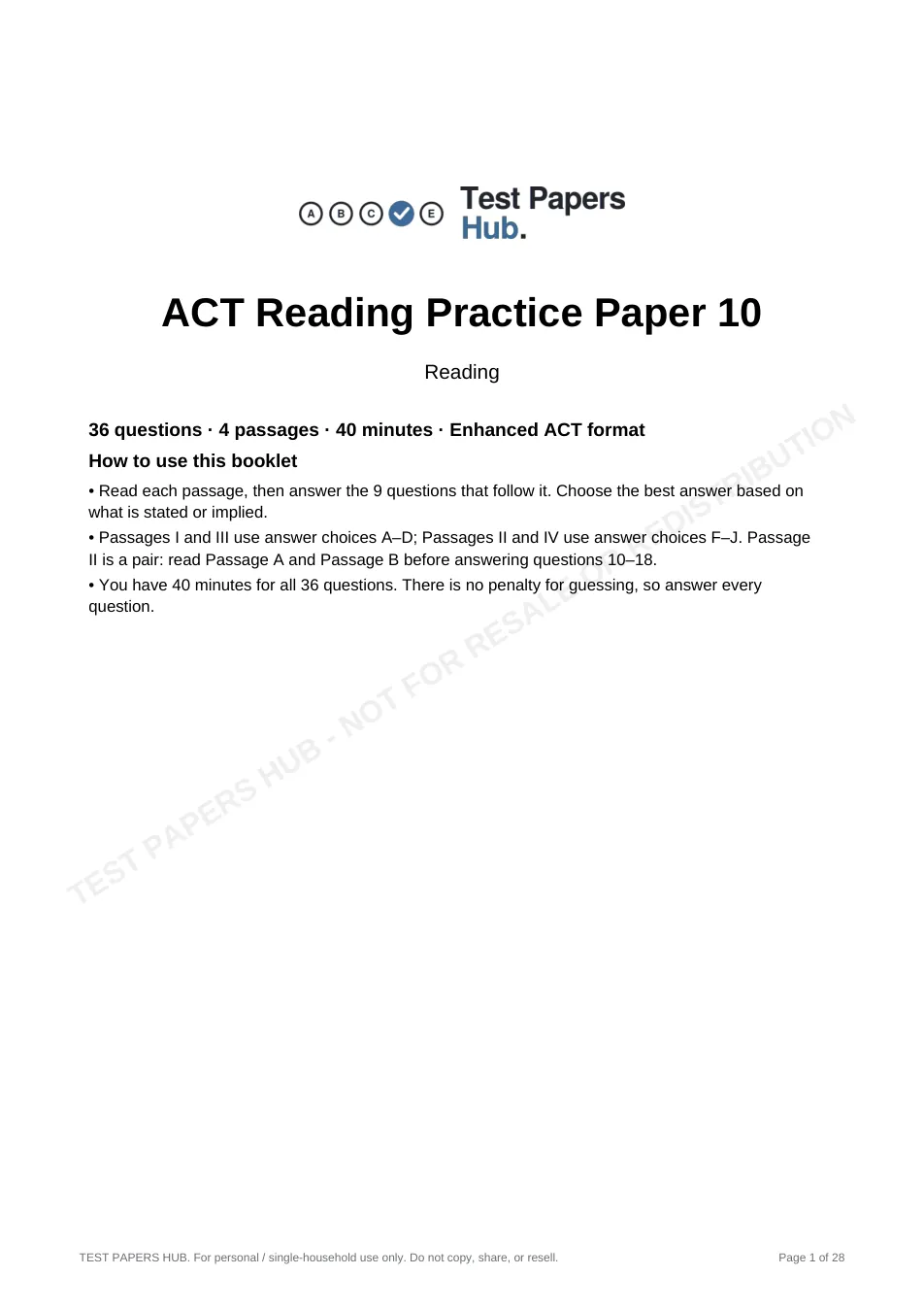 Cover page of ACT Reading Practice Paper 10