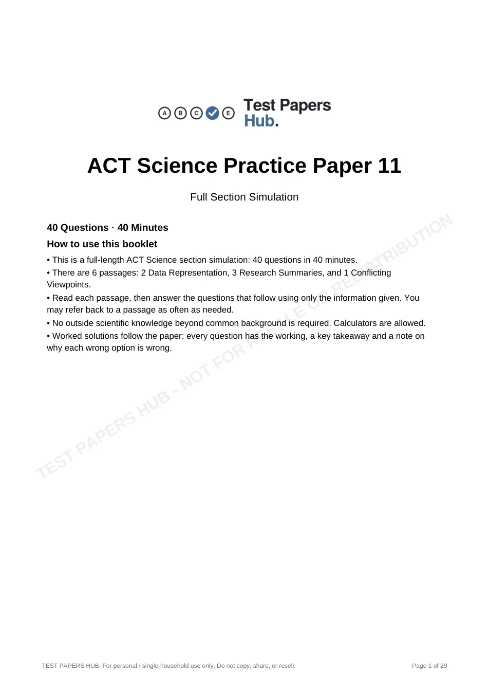 Cover page of ACT Science Practice Paper 11