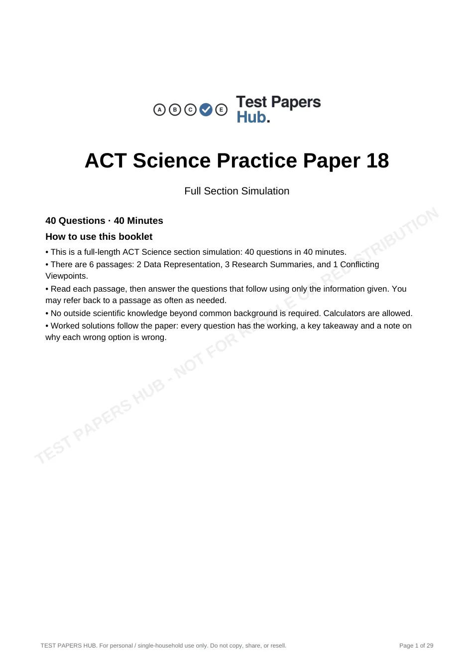Cover page of ACT Science Practice Paper 18