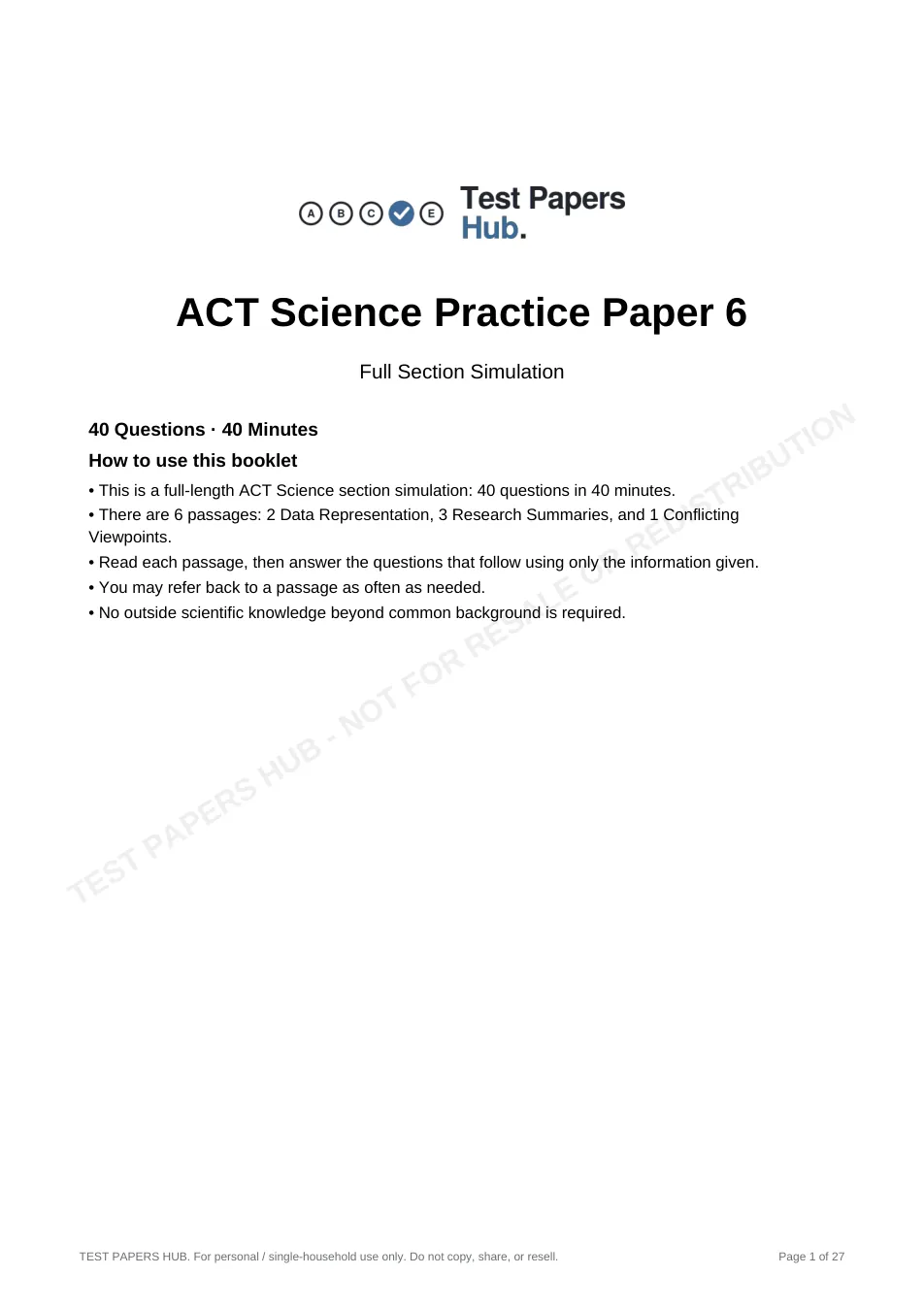 Cover page of ACT Science Practice Paper 6