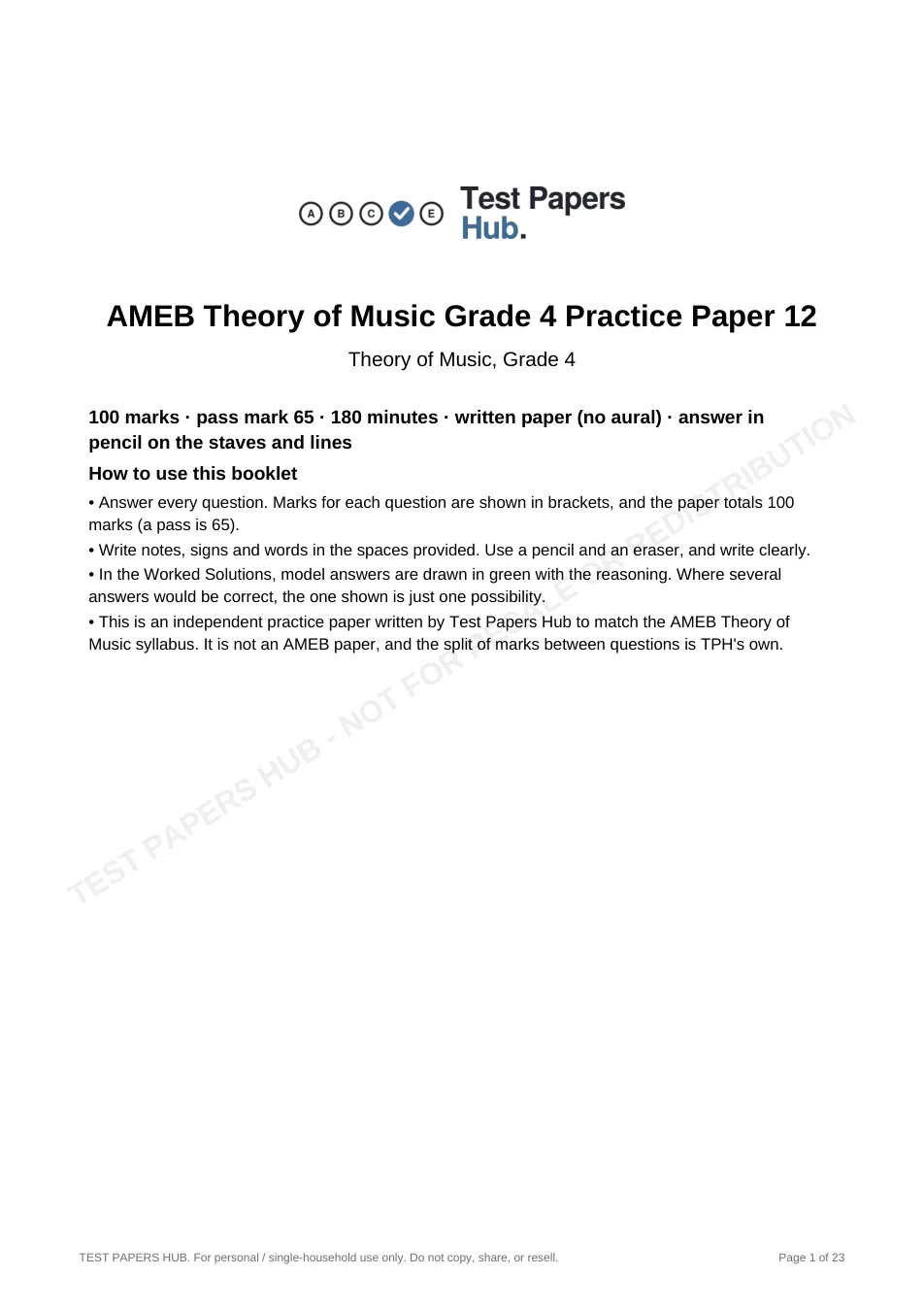 Cover page of AMEB Music Theory Grade 4 Practice Paper 12