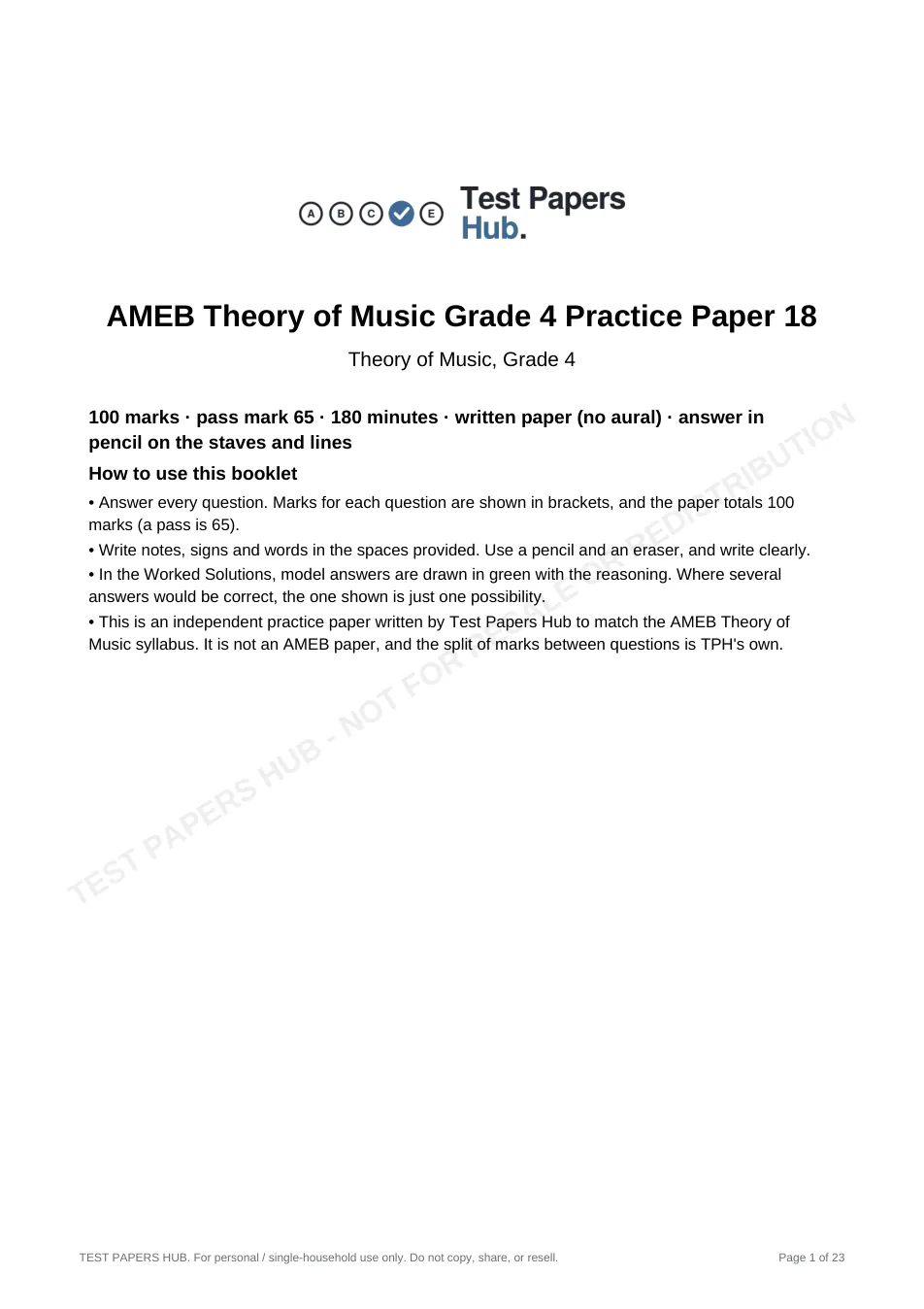 Cover page of AMEB Music Theory Grade 4 Practice Paper 18