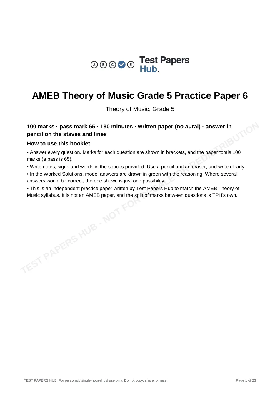 Cover page of AMEB Music Theory Grade 5 Practice Paper 6