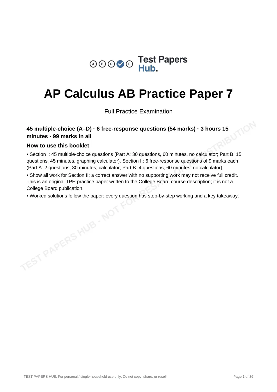 Cover page of AP Calculus AB Practice Paper 7