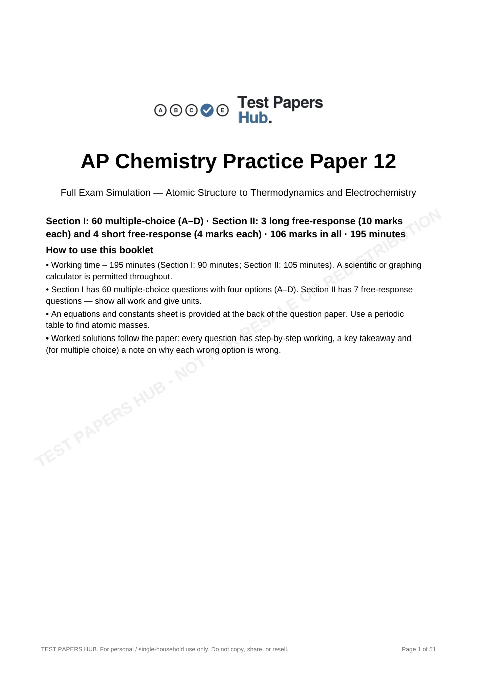 Cover page of AP Chemistry Practice Paper 12