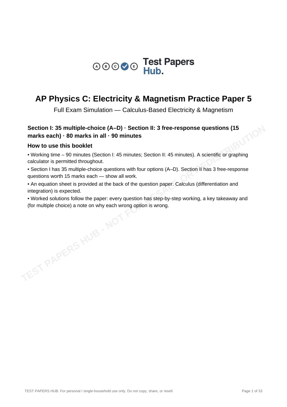 Cover page of AP Physics C: E&M Practice Paper 5