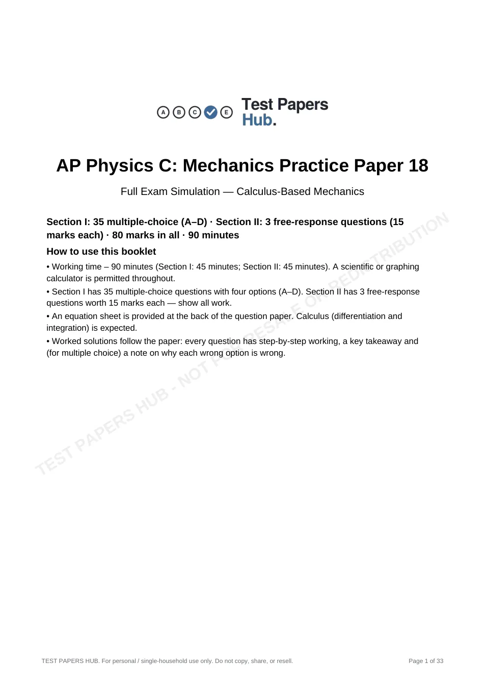 Cover page of AP Physics C: Mechanics Practice Paper 18