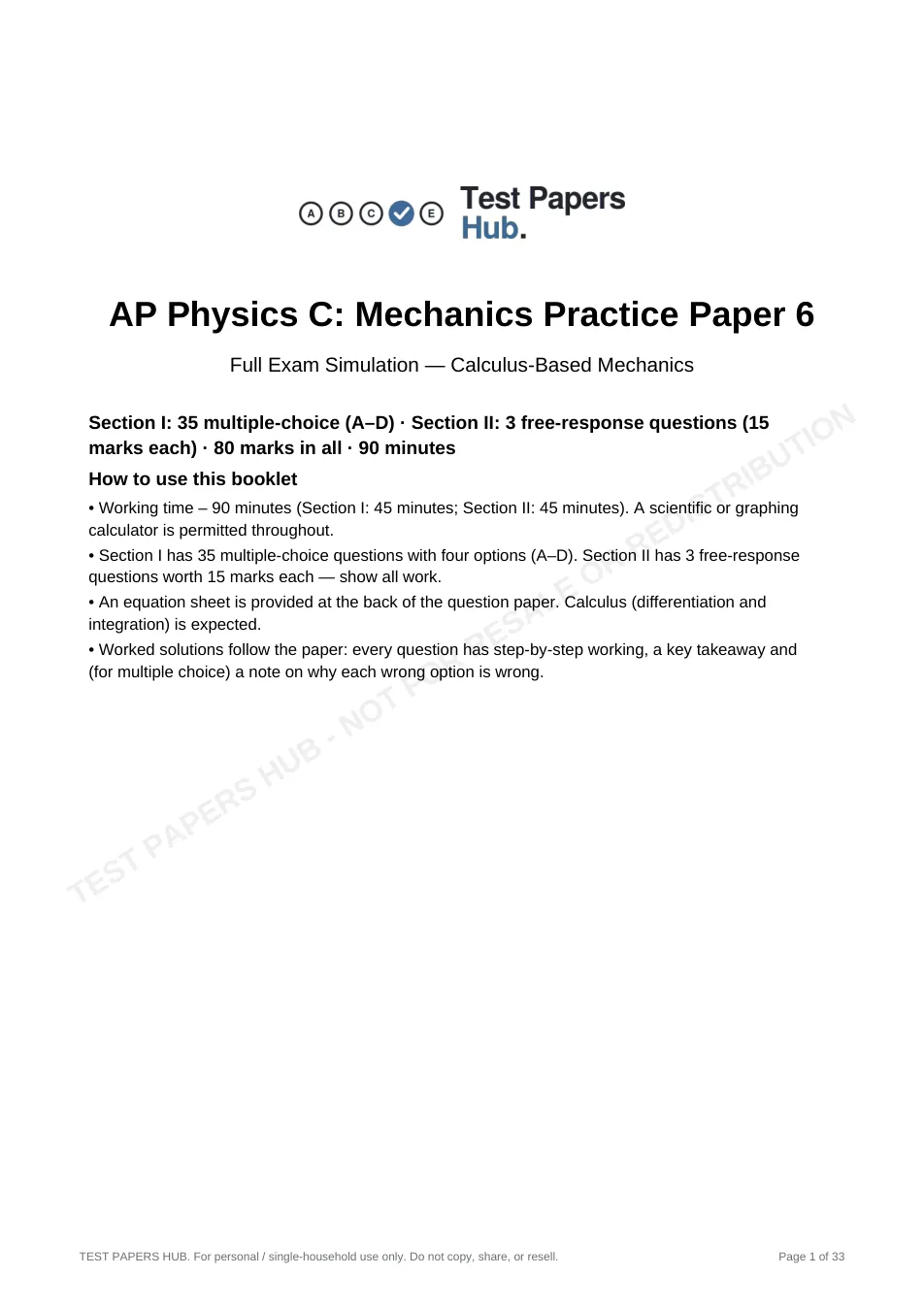Cover page of AP Physics C: Mechanics Practice Paper 6