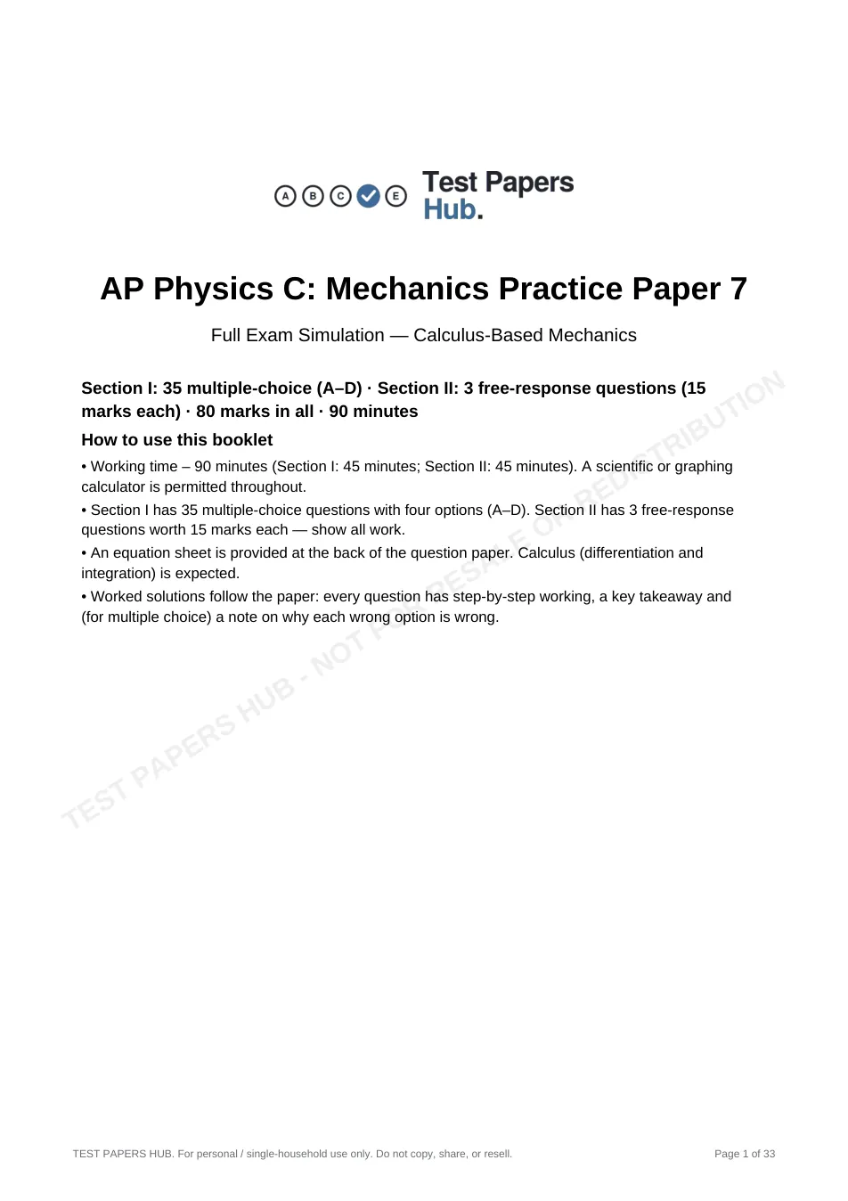 Cover page of AP Physics C: Mechanics Practice Paper 7