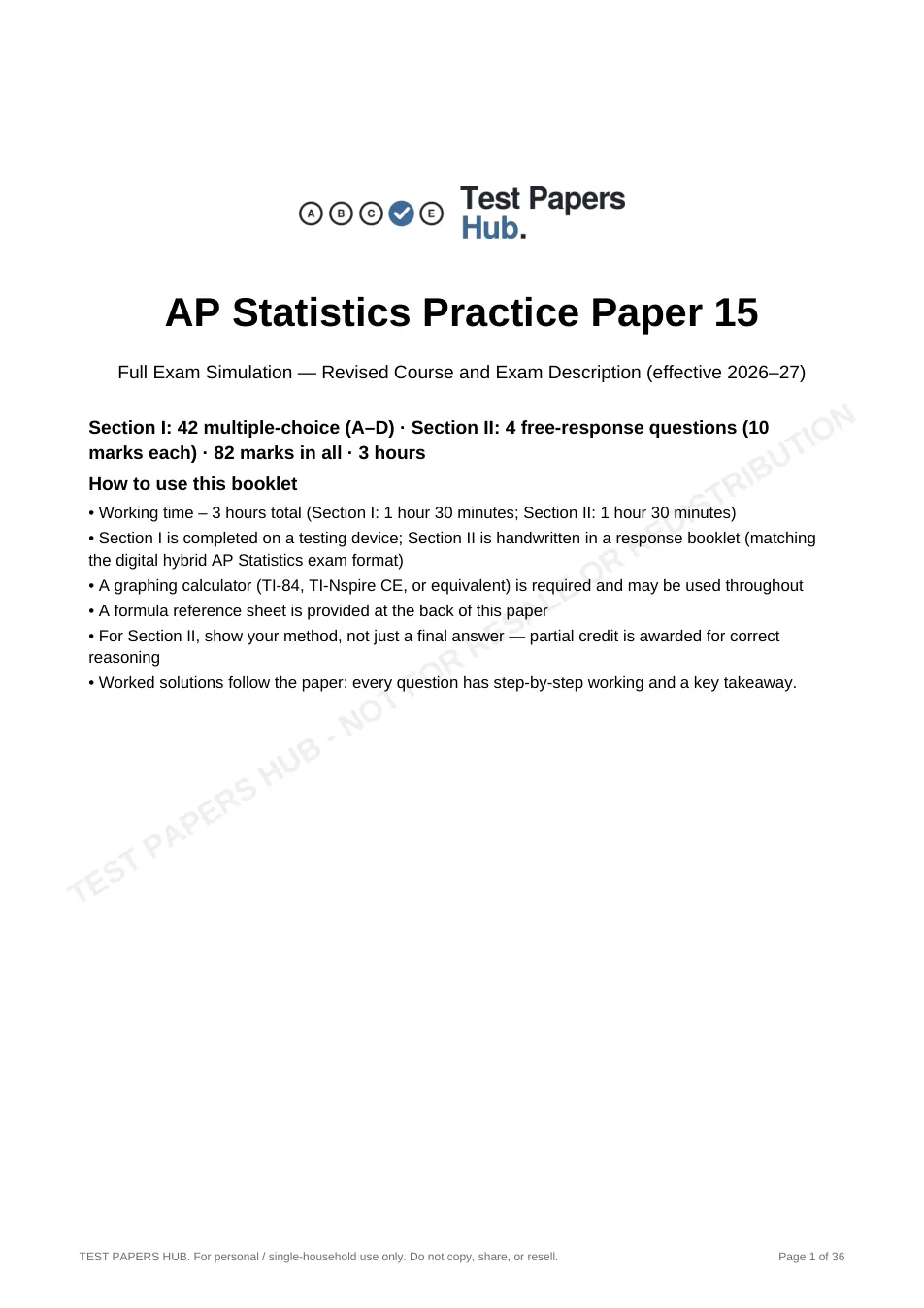 Cover page of AP Statistics Practice Paper 15