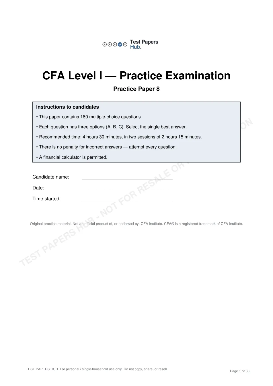 Cover page of CFA Level 1 Practice Paper 8