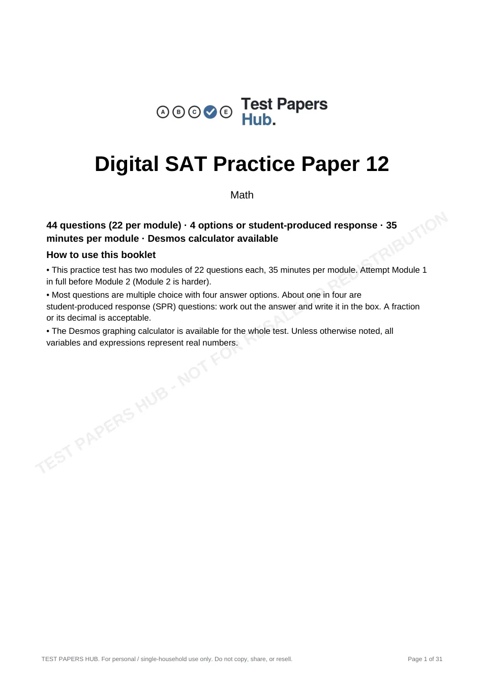 Cover page of Digital SAT Math Practice Paper 12