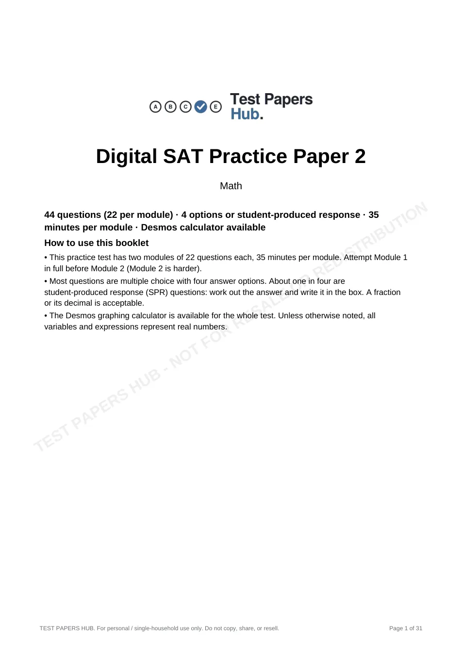 Cover page of Digital SAT Math Practice Paper 2