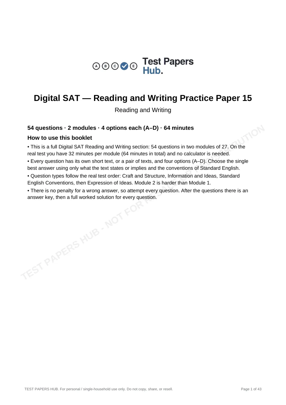 Cover page of Digital SAT Reading and Writing Practice Paper 15
