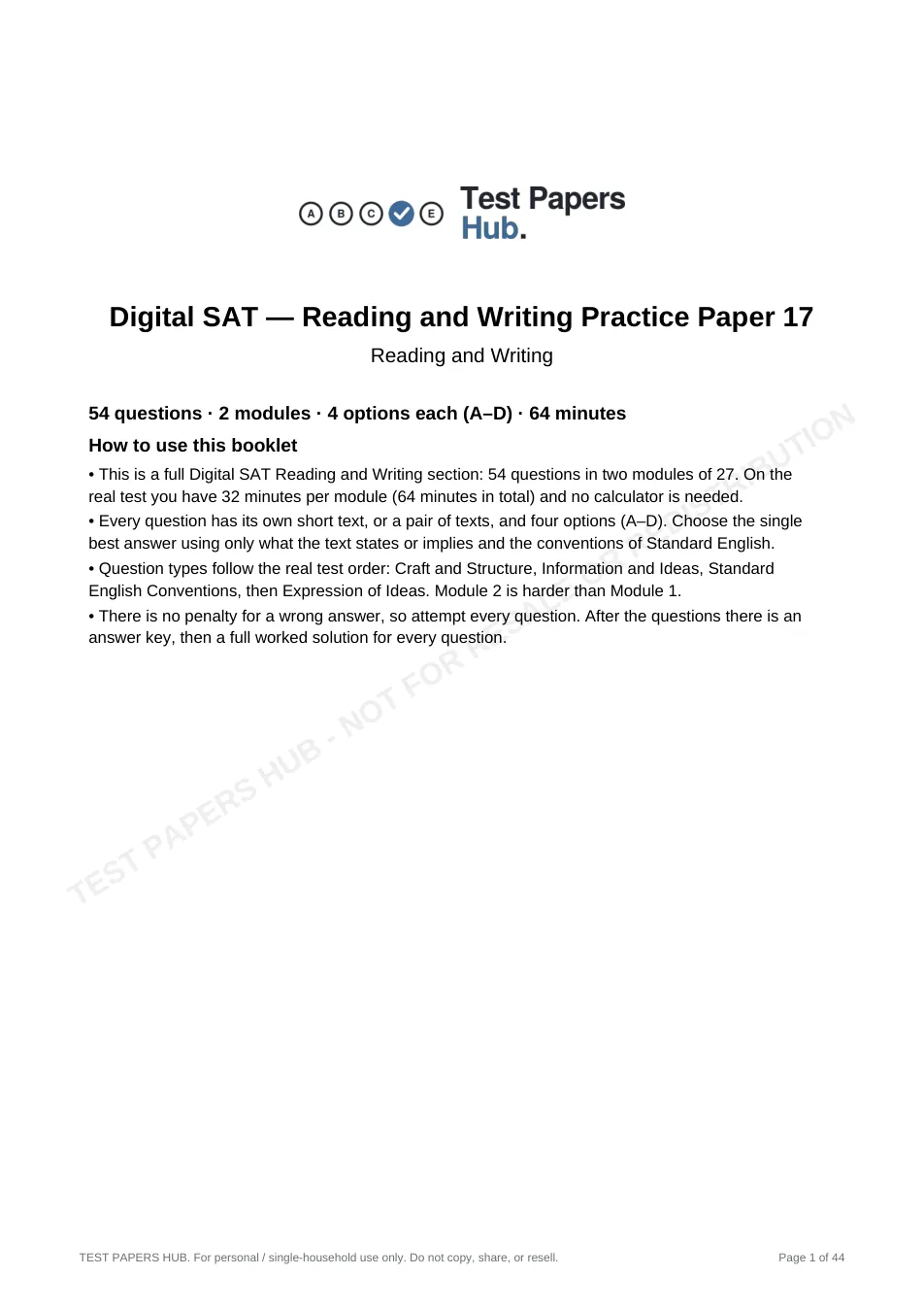 Cover page of Digital SAT Reading and Writing Practice Paper 17