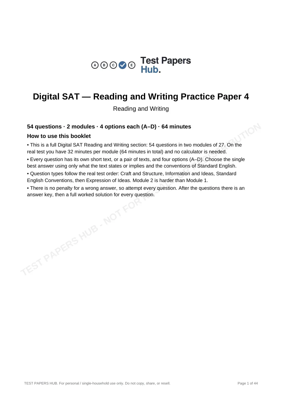 Cover page of Digital SAT Reading and Writing Practice Paper 4
