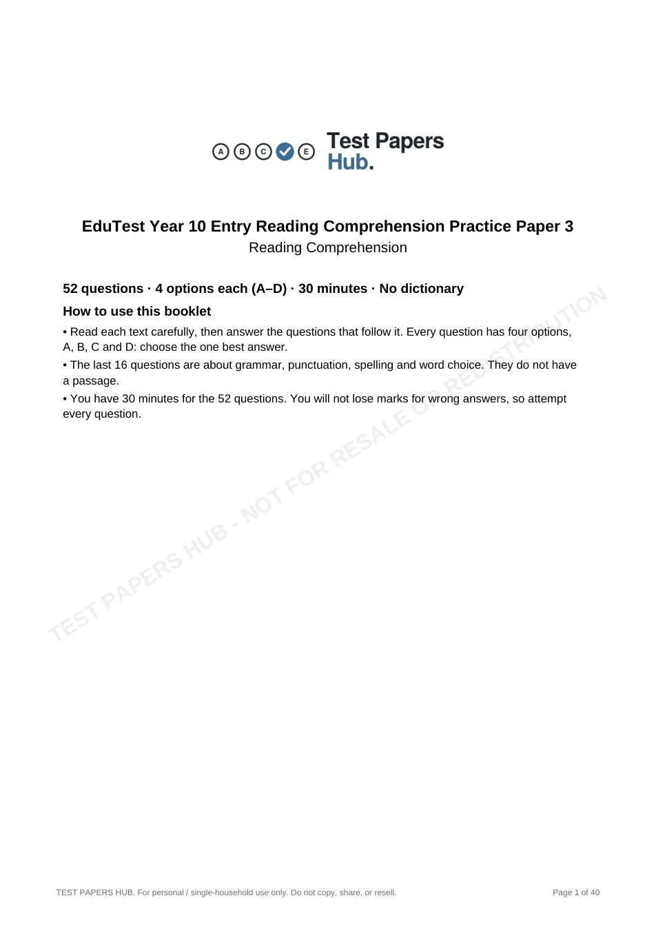 Cover page of EduTest Year 10 Reading Comprehension Practice Paper 3