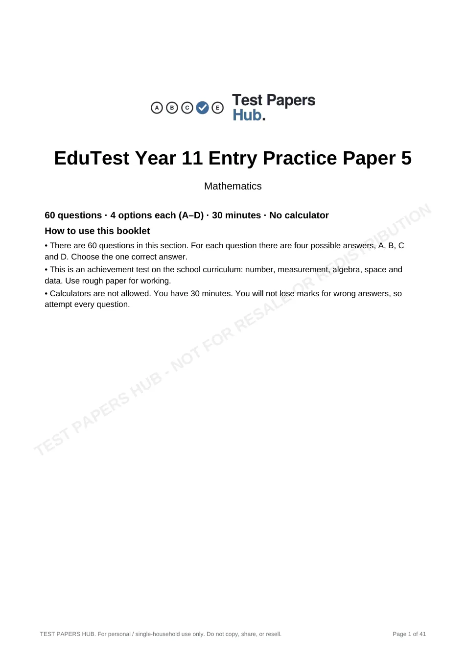 Cover page of EduTest Year 11 Mathematics Practice Paper 5