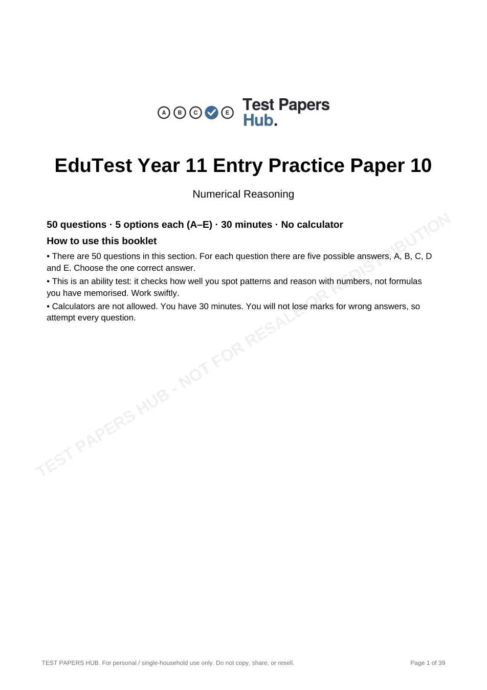 Cover page of EduTest Year 11 Numerical Reasoning Practice Paper 10
