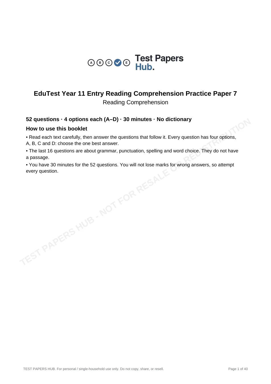 Cover page of EduTest Year 11 Reading Comprehension Practice Paper 7