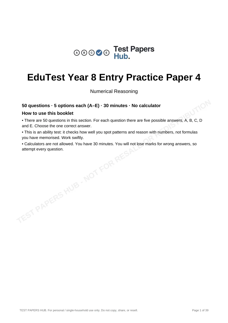 Cover page of EduTest Year 8 Numerical Reasoning Practice Paper 4