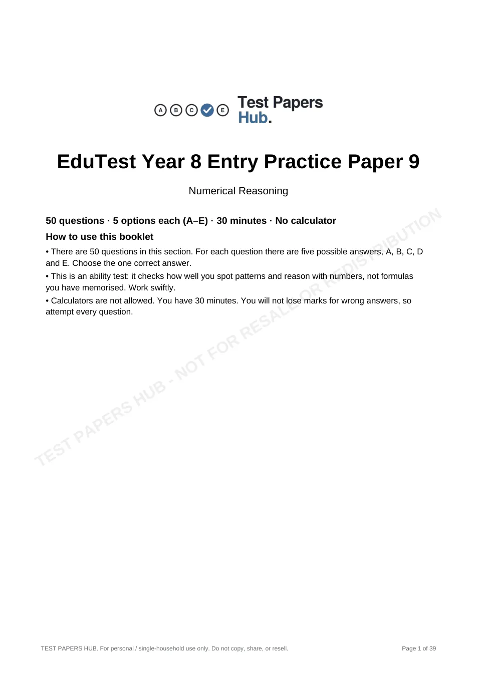Cover page of EduTest Year 8 Numerical Reasoning Practice Paper 9