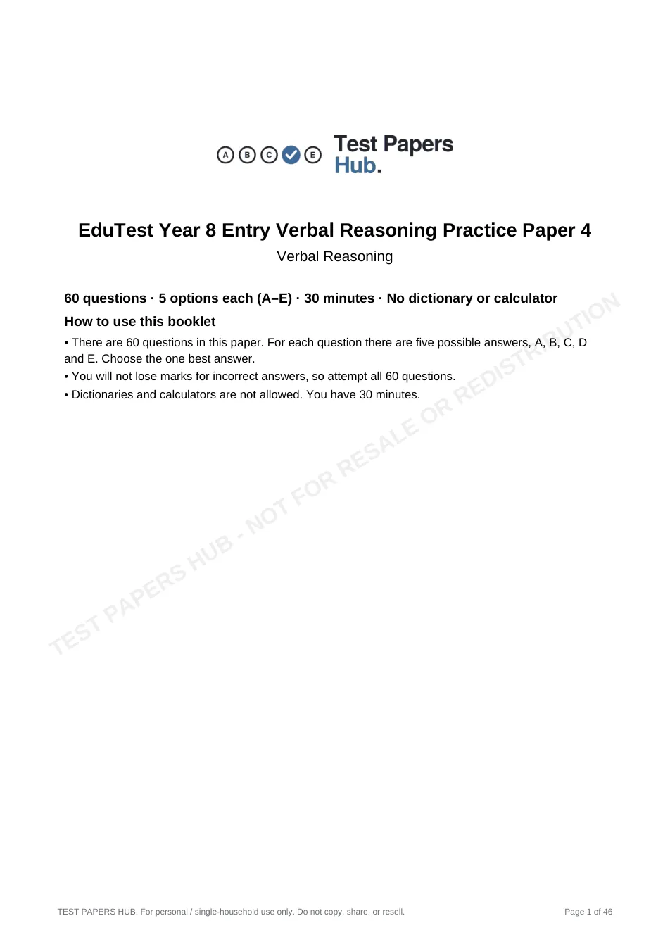 Cover page of EduTest Year 8 Verbal Reasoning Practice Paper 4