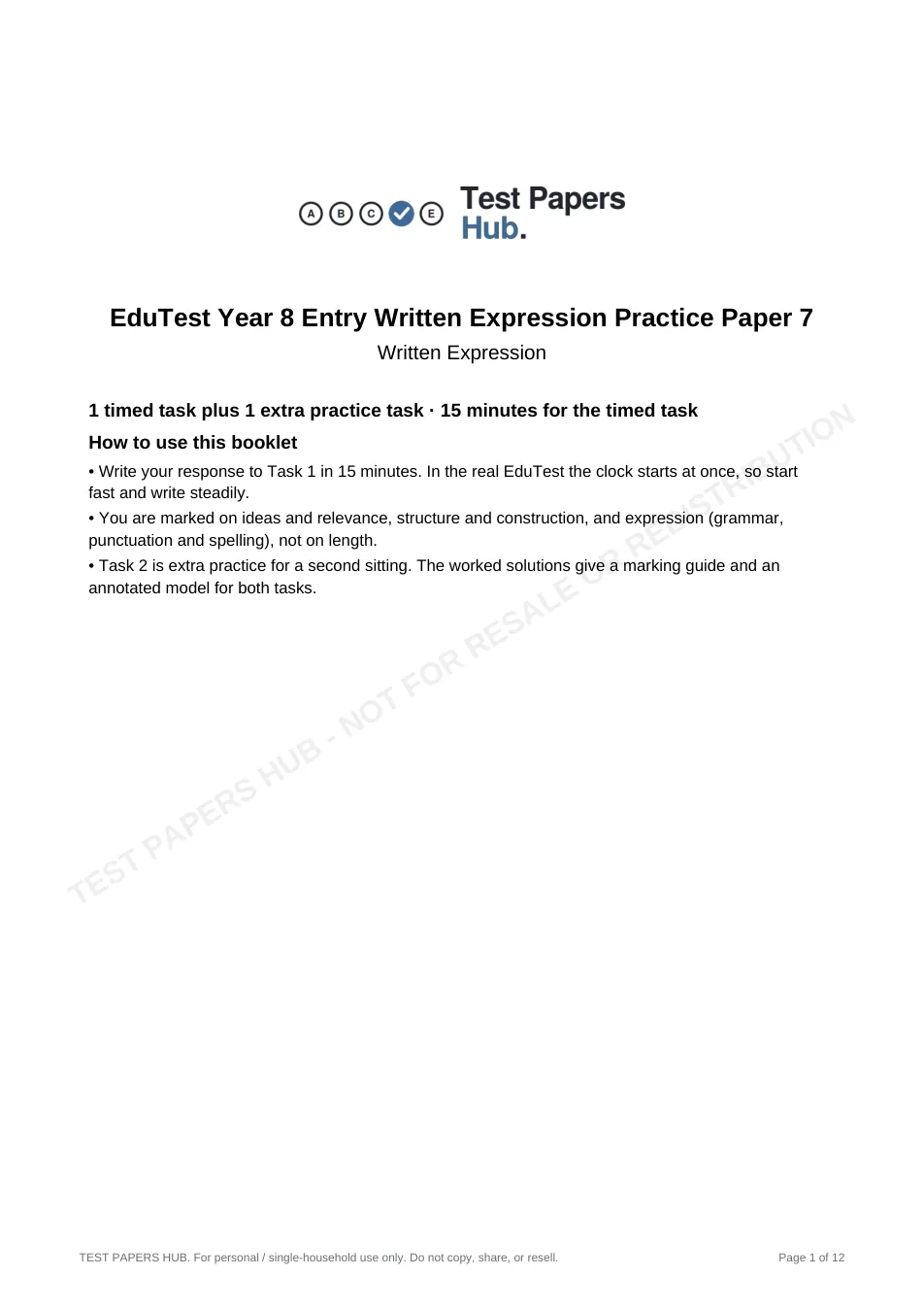 Cover page of EduTest Year 8 Written Expression Practice Paper 7