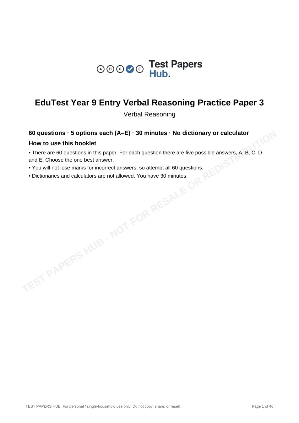 Cover page of EduTest Year 9 Verbal Reasoning Practice Paper 3