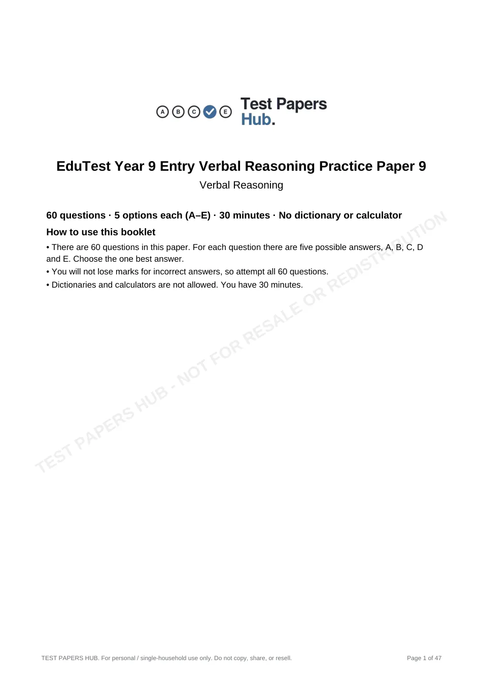 Cover page of EduTest Year 9 Verbal Reasoning Practice Paper 9