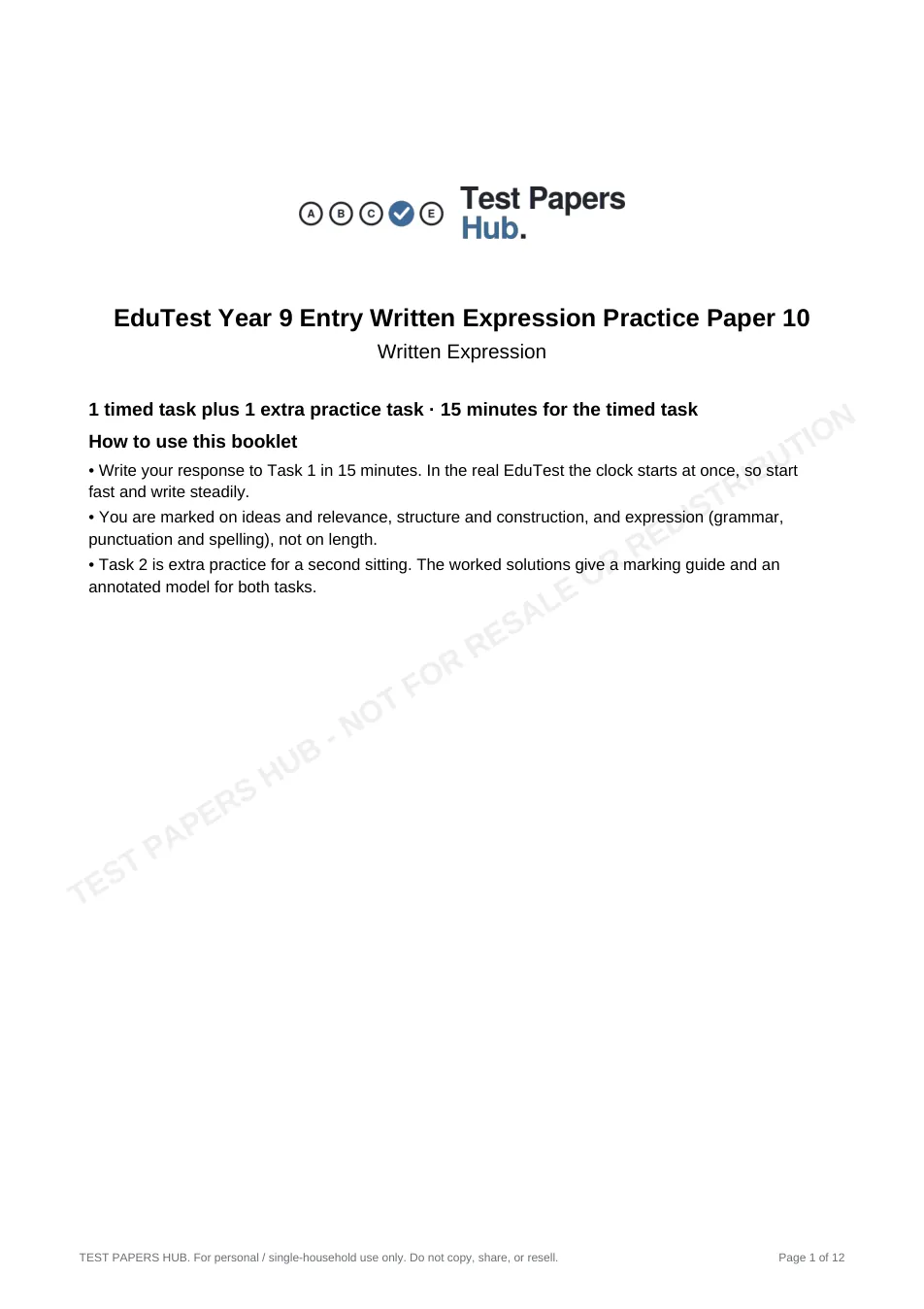 Cover page of EduTest Year 9 Written Expression Practice Paper 10