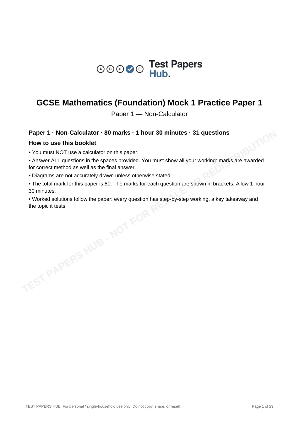 Cover page of GCSE Maths Foundation Paper 1 Practice Paper 1