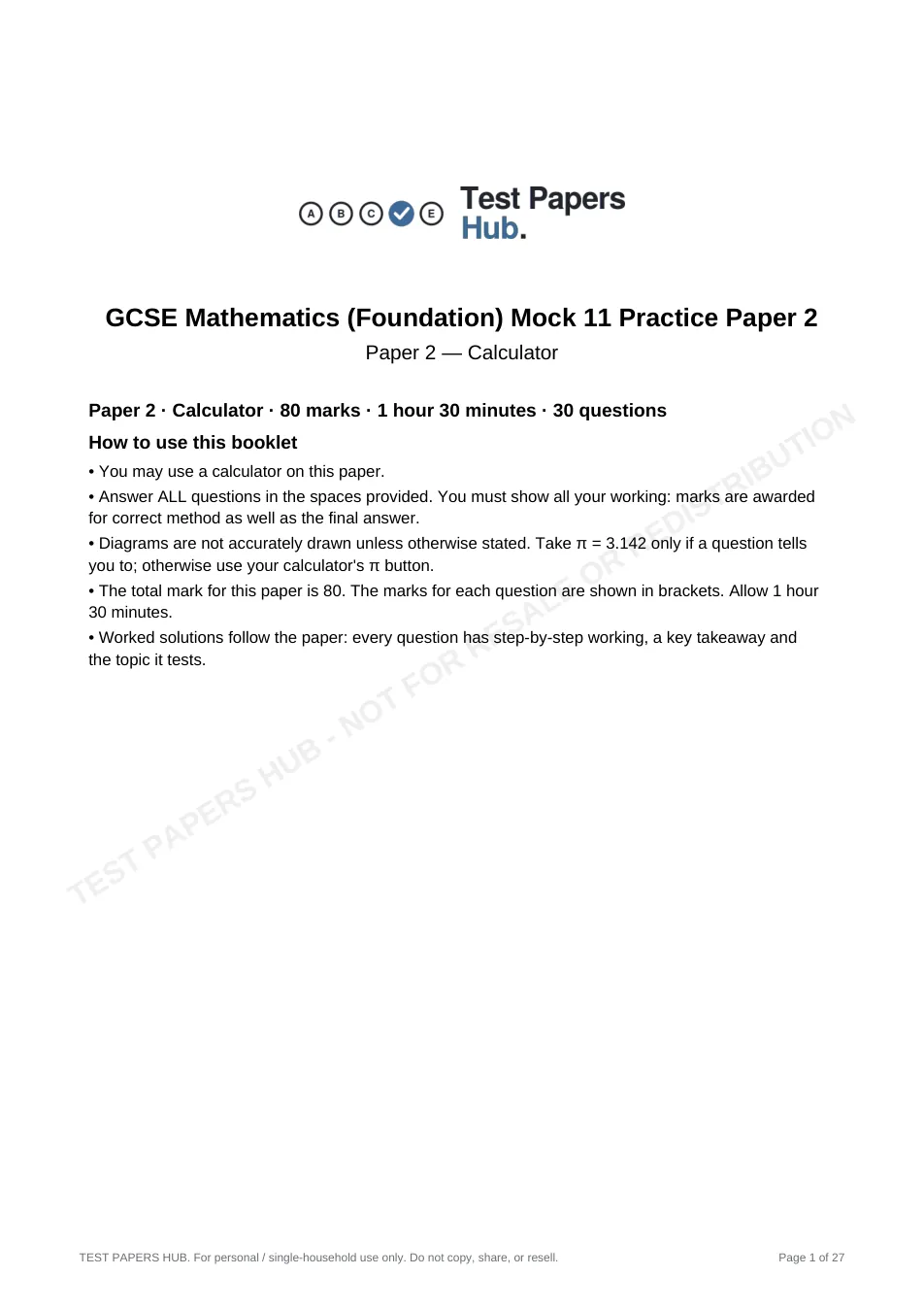 Cover page of GCSE Maths Foundation Paper 2 Practice Paper 11