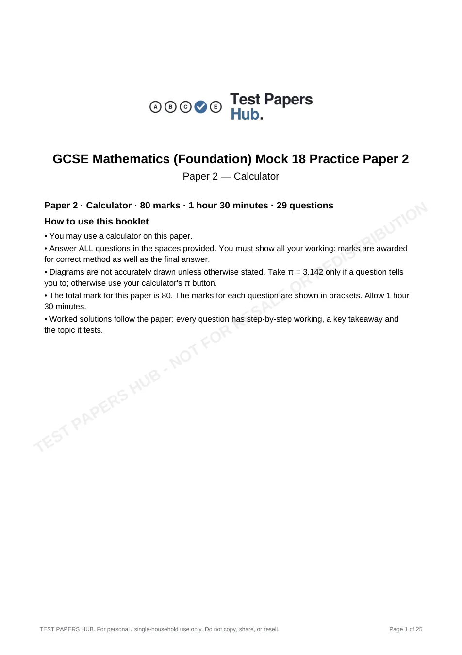 Cover page of GCSE Maths Foundation Paper 2 Practice Paper 18