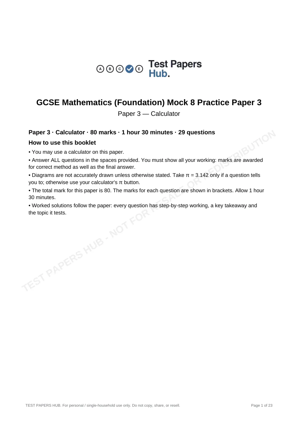 Cover page of GCSE Maths Foundation Paper 3 Practice Paper 8