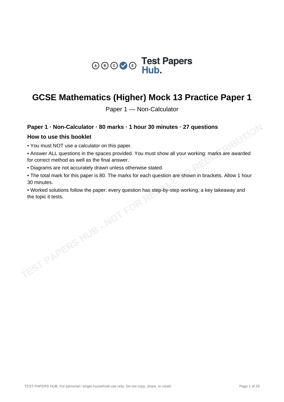 Cover page of GCSE Maths Higher Paper 1 Practice Paper 13