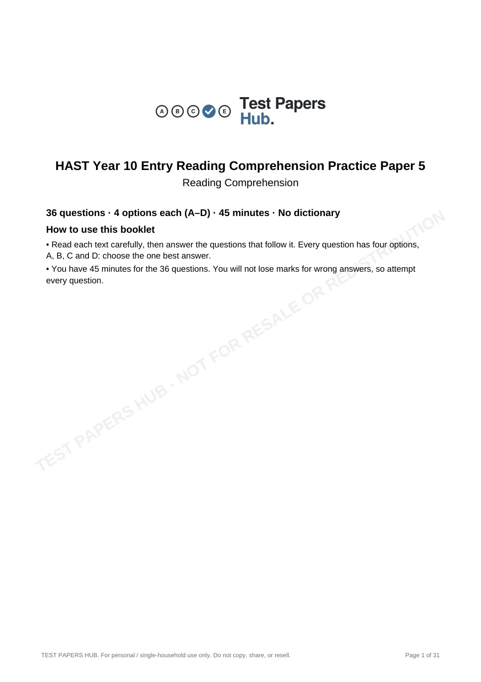 Cover page of HAST Year 10 Reading Comprehension Practice Paper 5