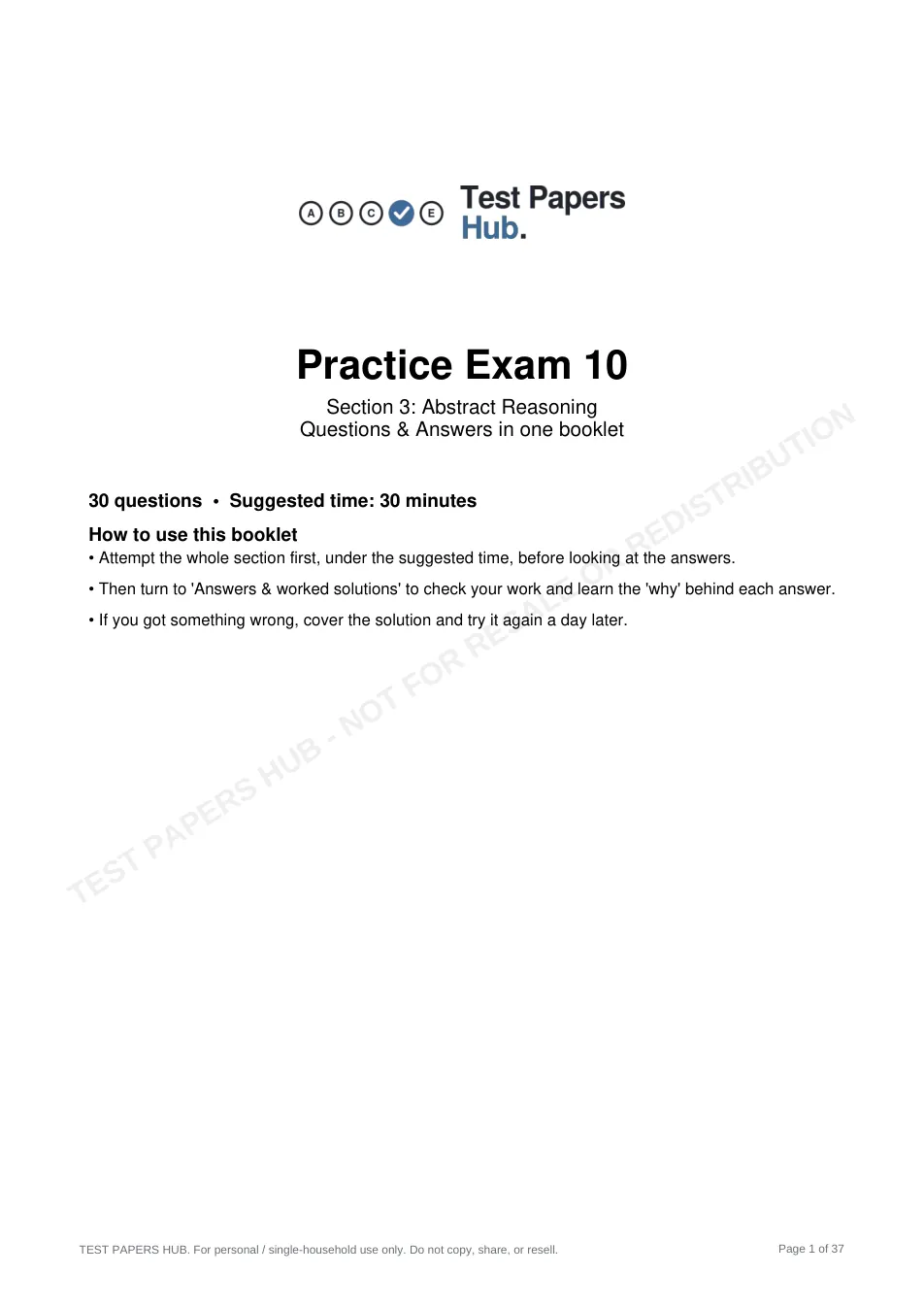 Cover page of HAST Year 11 Abstract Reasoning Practice Paper 10