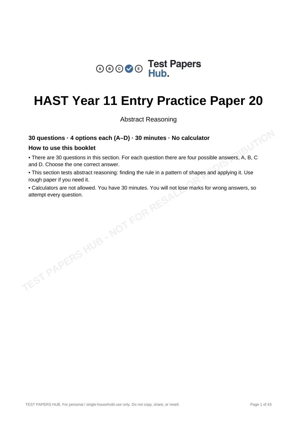 Cover page of HAST Year 11 Abstract Reasoning Practice Paper 20