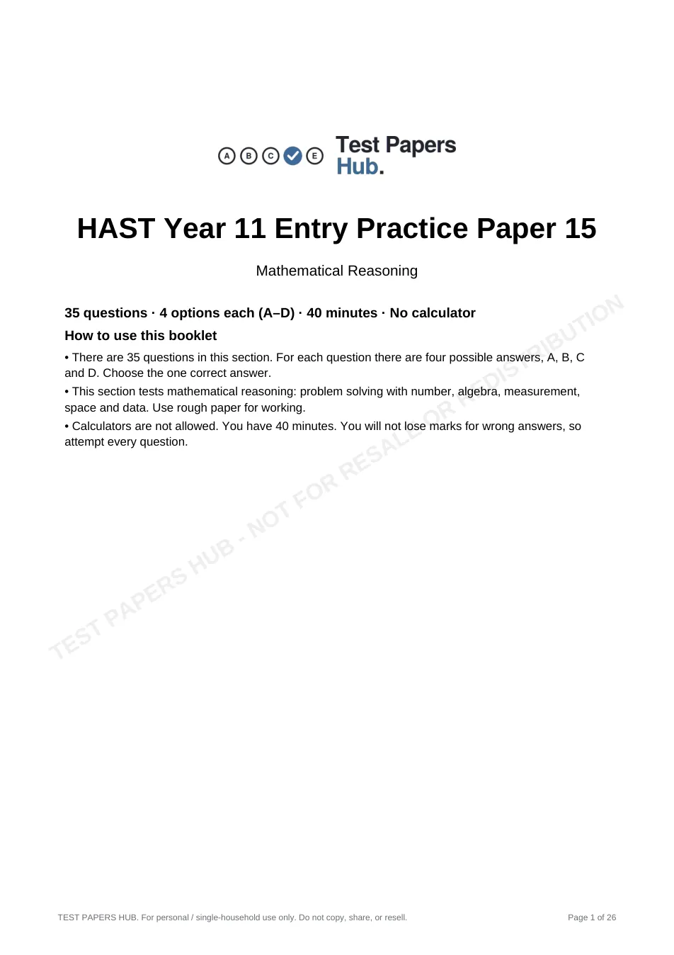 Cover page of HAST Year 11 Mathematical Reasoning Practice Paper 15