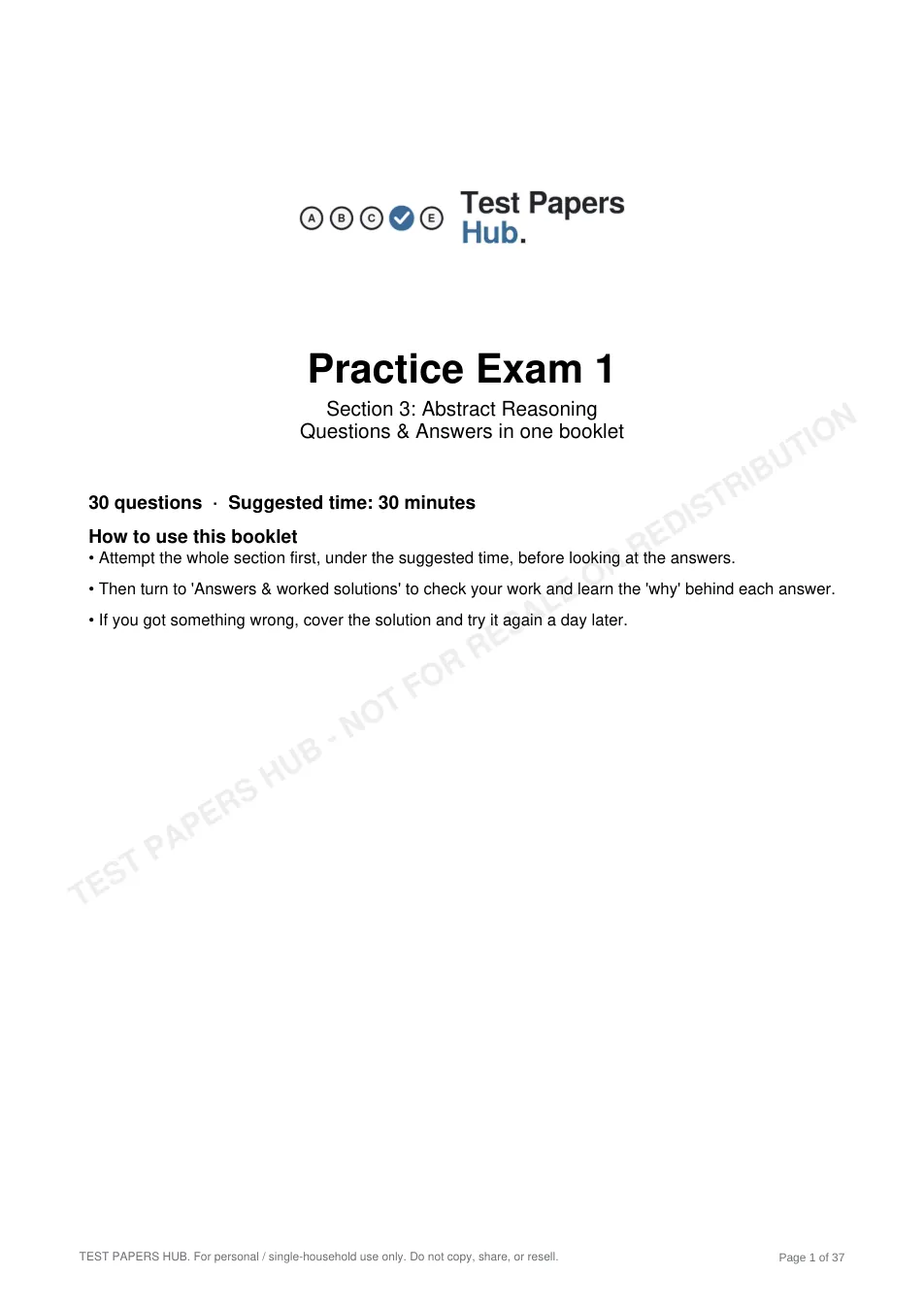 Cover page of HAST Year 8 Abstract Reasoning Practice Paper 1