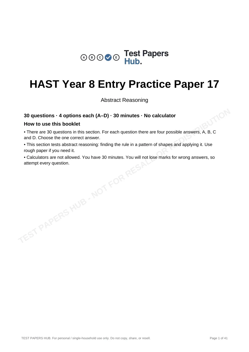 Cover page of HAST Year 8 Abstract Reasoning Practice Paper 17