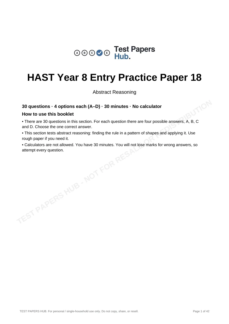 Cover page of HAST Year 8 Abstract Reasoning Practice Paper 18