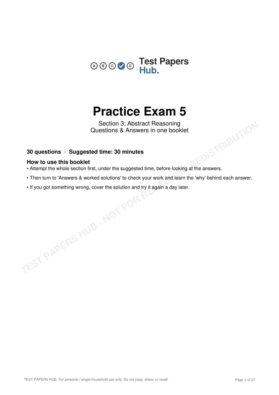 Cover page of HAST Year 8 Abstract Reasoning Practice Paper 5